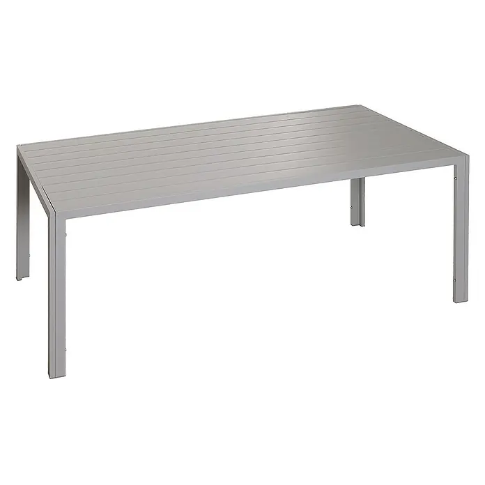 Chefgastro Gartentisch Alu-Esstisch - L x B x H: 80 x 180 x 73 cm, Eckig, Hellgrau - Ein grauer Gartentisch mit einer Lattenoberfläche und einem stabilen Metallrahmen. Perfekt für den Außenbereich und ein stilvolles Möbelstück.