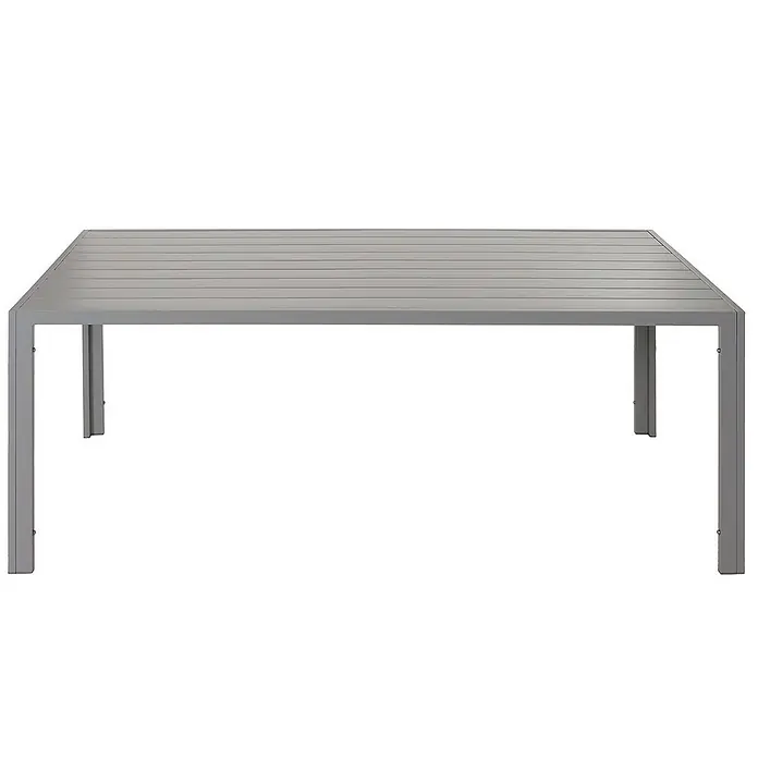 Chefgastro Gartentisch Alu-Esstisch - L x B x H: 80 x 180 x 73 cm, Eckig, Hellgrau - Bild eines modernen, grauen Gartentisches mit geradlinigem Design und Lattenrost-Tischplatte, ideal für den Außenbereich.