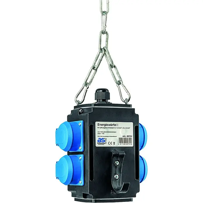 as-schwabe Steckdosenball - 4-fach, Schwarz, IP44 - Energieverteilerwürfel mit blauen Steckdosen und Aufhängekette für Baustellen und den Einsatz im Freien.
