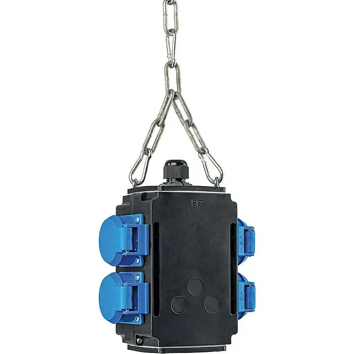 as-schwabe Steckdosenball - 4-fach, Schwarz, IP44 - Eine hängende, schwarze Stromverteilerbox mit blauen Steckdosen und einer stabilen Kette zur Aufhängung.