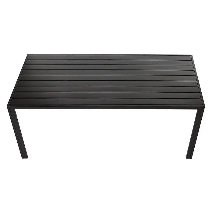 Chefgastro Gartentisch Alu-Esstisch - Eckig, Anthrazit - Dieses Bild zeigt einen modernen schwarzen Gartentisch mit einer Tischplatte aus Latten und einem stabilen Metallgestell. Ideal für den Außenbereich.