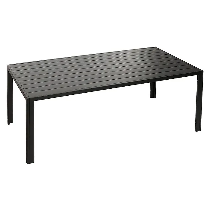 Chefgastro Gartentisch Alu-Esstisch - Eckig, Anthrazit - Ein rechteckiger Gartentisch mit einer Lattenrost-Tischplatte und einem dunklen Metallgestell. Perfekt für Mahlzeiten im Freien und Zusammenkünfte.