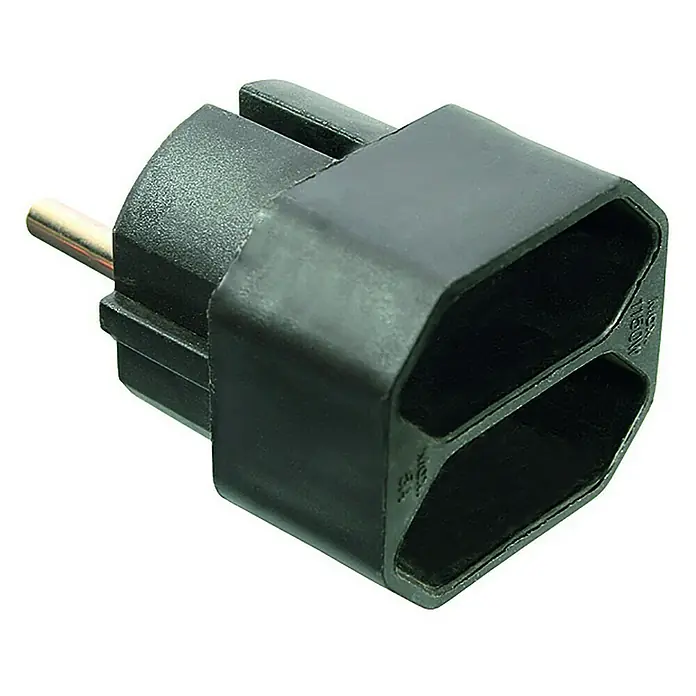 as-schwabe Steckdosenleiste - 2-fach, Schwarz, IP20 - Schwarzer Reisestecker-Adapter mit rundem Stecker auf der einen und zwei Schuko-Buchsen auf der anderen Seite.
