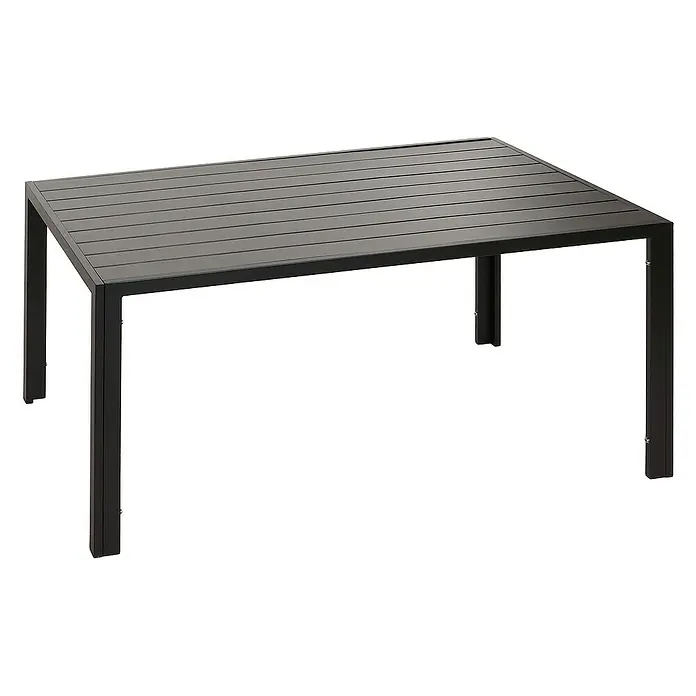 Chefgastro Gartentisch Alu-Esstisch - L x B x H: 80 x 140 x 72 cm, Eckig, Anthrazit - Ein moderner, rechteckiger Gartentisch aus dunklem Metall mit einer Lattenrost-Tischplatte, ideal für den Außenbereich.