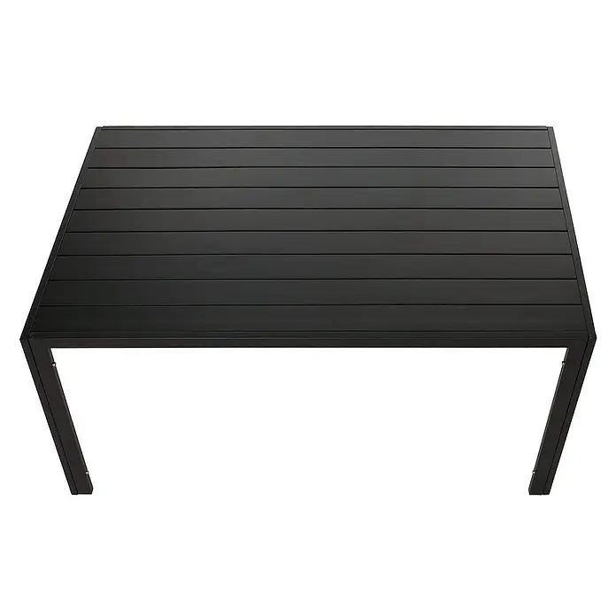 Chefgastro Gartentisch Alu-Esstisch - L x B x H: 80 x 140 x 72 cm, Eckig, Anthrazit - Ein rechteckiger Gartentisch aus dunklem Holz mit einer gerippten Oberfläche und einem minimalistischen Metallgestell. Ideal für den Außenbereich.