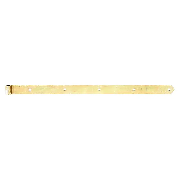 Stabilit Scharnier - L x B: 800 x 45 mm, Stärke: 5 mm, Verzinkt - Nahaufnahme eines goldfarbenen Flachstahls mit Löchern und einem abgewinkelten Ende, ideal für Konstruktions- und Reparaturarbeiten.