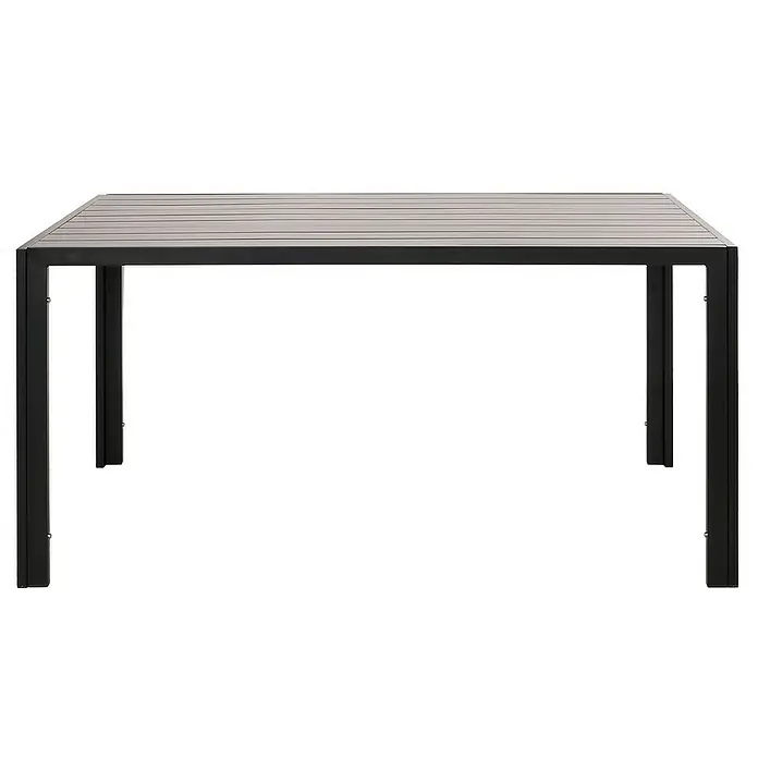Chefgastro Gartentisch Alu-Esstisch - L x B x H: 80 x 140 x 72 cm, Eckig, Anthrazit - Aufnahme eines rechteckigen Gartentisches mit einer Lattenplatte und einem schwarzen Metallgestell.
