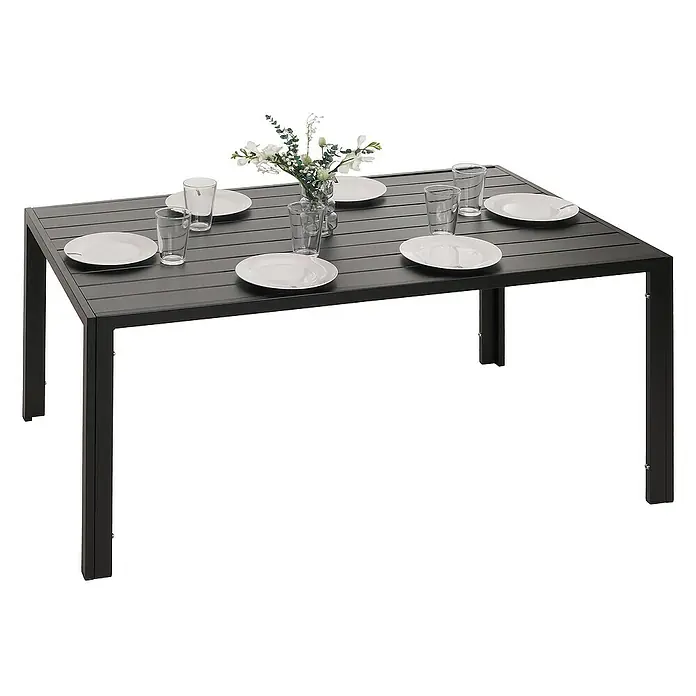 Chefgastro Gartentisch Alu-Esstisch - L x B x H: 80 x 140 x 72 cm, Eckig, Anthrazit - Bild eines Esstisches mit Gedeck und Blumenvase. Das Tischgestell ist aus schwarzem Metall.