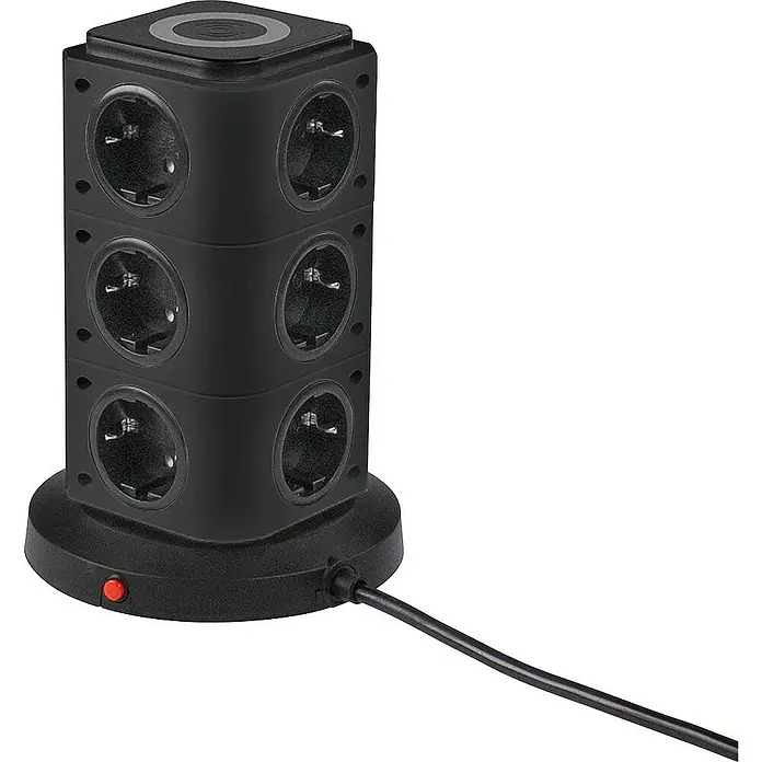 as-schwabe Steckdosenleiste - 12-fach, Schwarz, Kabellänge: 2 m, IP20, Mit Schalter - Ein schwarzer Stromturm mit mehreren Steckdosen und einem roten An/Aus-Schalter. Ideal für den Einsatz zu Hause oder im Büro.