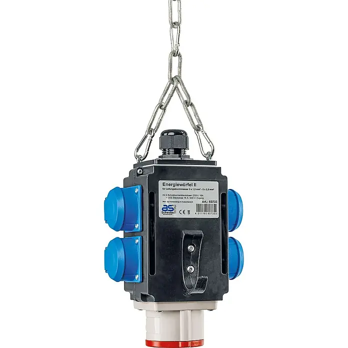 as-schwabe Steckdosenball - 5-fach, Schwarz, IP44 - Der Energiewürfel II, eine Mehrfachsteckdose mit Kettenaufhängung, bietet flexible Stromversorgung mit mehreren Anschlüssen und robuster Bauweise.