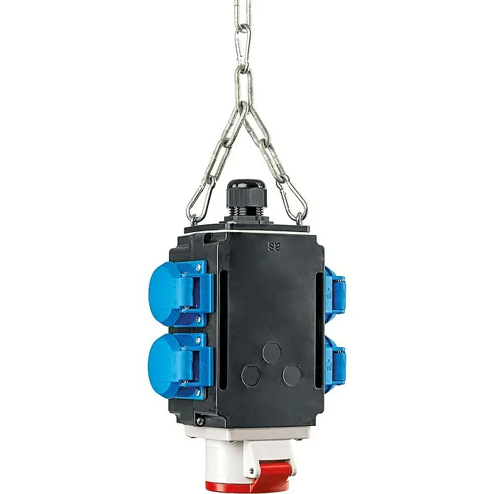 as-schwabe Steckdosenball - 5-fach, Schwarz, IP44 - Ein hängender Stromverteiler mit blauen Steckdosen, befestigt an einer Kette, für flexible Stromversorgung in Werkstätten und Industrie.