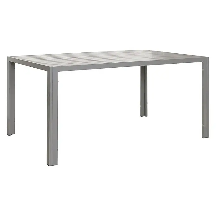 Chefgastro Gartentisch Alu-Esstisch - L x B x H: 80 x 140 x 72 cm, Eckig, Hellgrau - Ein grauer Gartentisch mit Lattenrostplatte und vierkantigen Beinen ist auf einem weißen Hintergrund zu sehen.