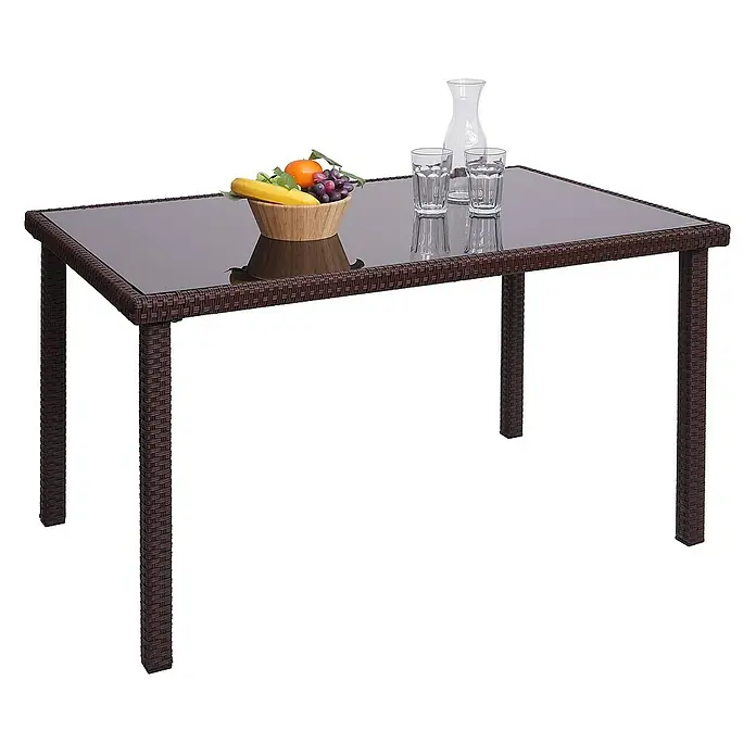 Proregal Gartentisch Poly-Rattan Tisch - L x B x H: 75 x 120 x 71 cm, Eckig, Braun - Brauner Rattantisch mit Glasplatte, dekoriert mit Obstschale, Karaffe und Gläsern, ideal für den Garten oder die Terrasse.