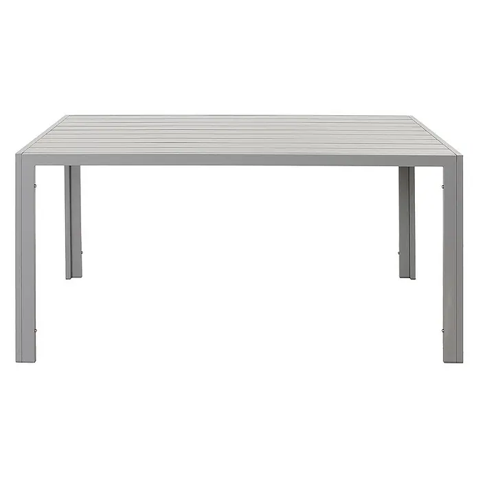 Chefgastro Gartentisch Alu-Esstisch - L x B x H: 80 x 140 x 72 cm, Eckig, Hellgrau - Das Bild zeigt einen modernen grauen Gartentisch mit einer Tischplatte aus Latten und einem minimalistischen Design, ideal für den Außenbereich.
