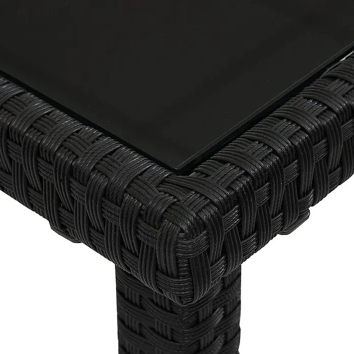 Proregal Gartentisch Poly-Rattan Tisch - L x B x H: 75 x 120 x 71 cm, Eckig, Schwarz - Detailaufnahme eines schwarzen, gewebten Gartentisches mit Glasplatte, ideal für den Außenbereich. Das elegante Design wertet jeden Garten auf.