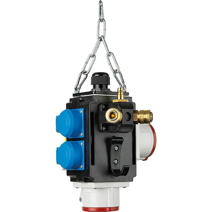 as-schwabe Steckdosenball - 4-fach, Schwarz, IP44 - Ein hängender Stromverteiler mit mehreren Steckdosen, Druckluftanschlüssen und einem Haken. Ideal für Werkstätten.