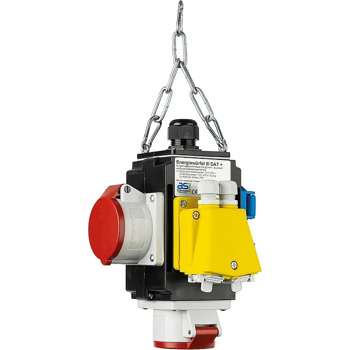 as-schwabe Steckdosenball - 4-fach, Schwarz, IP44 - Aufnahme einer Energiewürfel III DAT+ Mehrfachsteckdose mit Kettenaufhängung, ideal für flexible Stromversorgung in Werkstätten.
