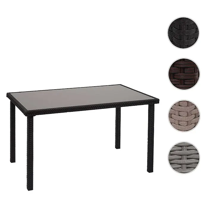 Proregal Gartentisch Poly-Rattan Tisch - L x B x H: 75 x 120 x 71 cm, Eckig, Schwarz - Rechteckiger Gartentisch mit Glasplatte und dunklem Rattan-Gestell, umgeben von Farbbeispielen der Rattanstruktur.