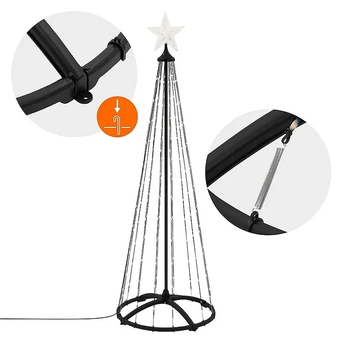 ECD Germany Künstlicher Weihnachtsbaum Außen, Höhe 150 cm, 154 LED Warmweiß, Timer, Schwarz - Schwarz, LED-Beleuchtung - Bild eines künstlichen Weihnachtsbaums mit Sternaufsatz und LED-Lichtern. Das filigrane Design macht es zu einer eleganten Weihnachtsdekoration.