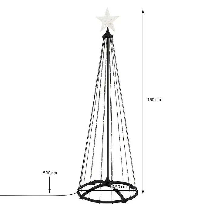ECD Germany Künstlicher Weihnachtsbaum Außen, Höhe 150 cm, 154 LED Warmweiß, Timer, Schwarz - Schwarz, LED-Beleuchtung - Abbildung eines 150 cm hohen, schwarzen LED-Weihnachtsbaums mit einem Durchmesser von 50 cm und einem 500 cm langen Kabel.