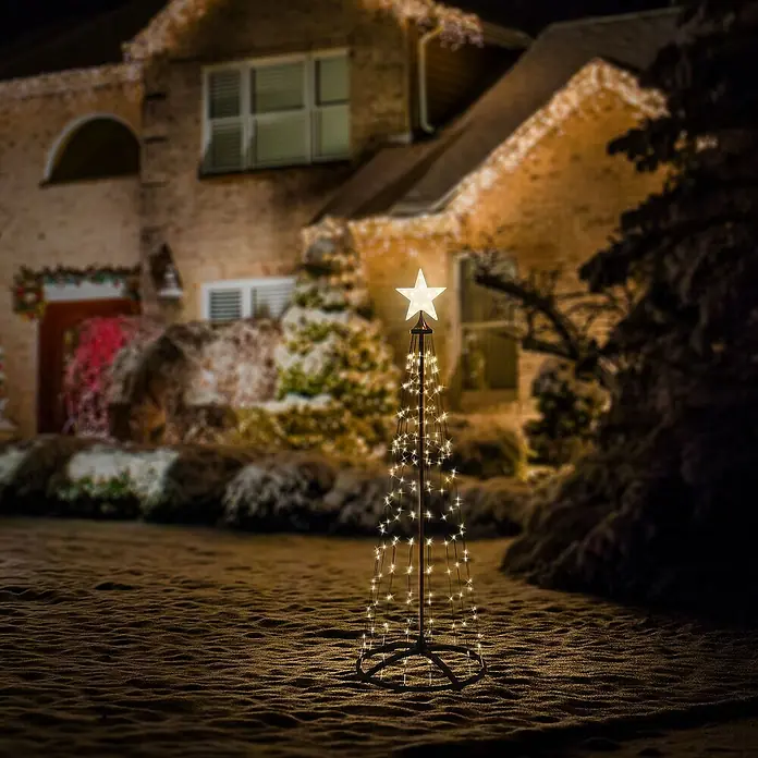 ECD Germany Künstlicher Weihnachtsbaum Außen, Höhe 150 cm, 154 LED Warmweiß, Timer, Schwarz - Schwarz, LED-Beleuchtung - Weihnachtsbaum-Silhouette mit leuchtendem Stern. Stimmungsvolle Weihnachtsdekoration für den Garten oder die Terrasse.