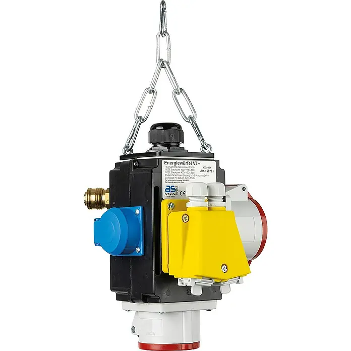 as-schwabe Steckdosenball - 3-fach, Schwarz, IP44 - Der Energiewürfel VI+ mit verschiedenen Steckdosen und Anschlüssen, aufgehängt an einer Kette, bietet vielseitige Energieverteilung.