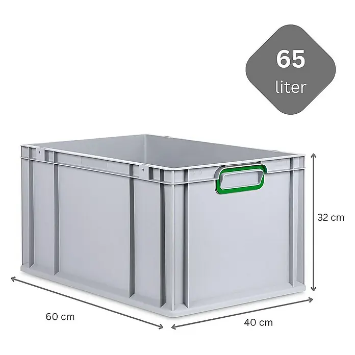 Proregal Eurobox Eurobox NextGen Color - Kunststoff, Grau, Grün - Abbildung einer grauen 65-Liter-Lagerbox mit grünem Griff und Maßangaben.