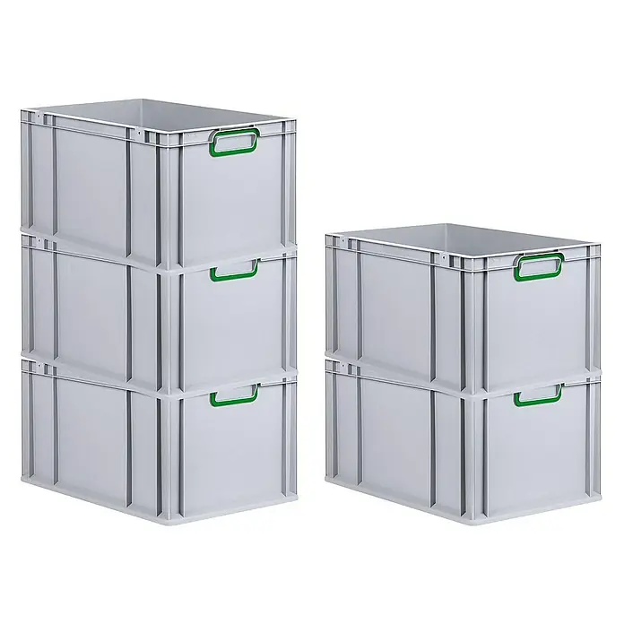 Proregal Eurobox Eurobox NextGen Color - Kunststoff, Grau, Grün - Das Bild zeigt zwei Stapel grauer Kunststoffbehälter mit grünen Griffen, die sich ideal für Lagerung und Transport eignen.
