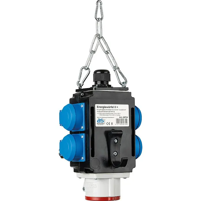 as-schwabe Steckdosenball - 5-fach, Schwarz, IP44 - Der Energiewürfel II+ von AS Schwabe ist ein robuster Stromverteiler mit mehreren Steckdosen und einem Aufhängehaken.