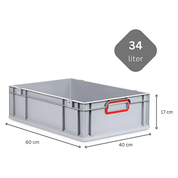 Proregal Eurobox Eurobox NextGen Color - Kunststoff, Grau, Rot - Produktfoto einer grauen Lagerbox aus Kunststoff mit den Maßen 60 x 40 x 17 cm und einem Volumen von 34 Litern.