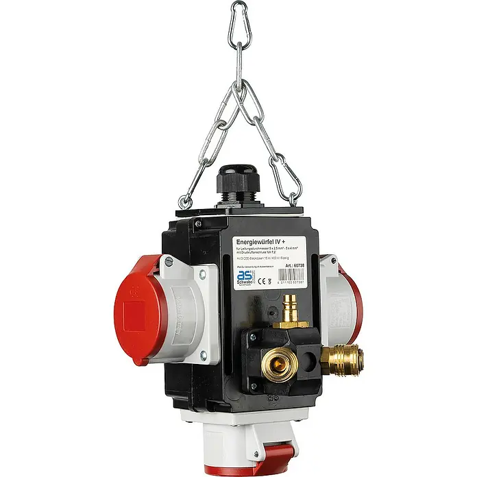 as-schwabe Steckdosenball - 3-fach, Schwarz, IP44 - Energiewürfel IV+ mit CEE-Steckdosen, ideal für Baustellen und den industriellen Einsatz. Robust und zuverlässig für den täglichen Gebrauch.