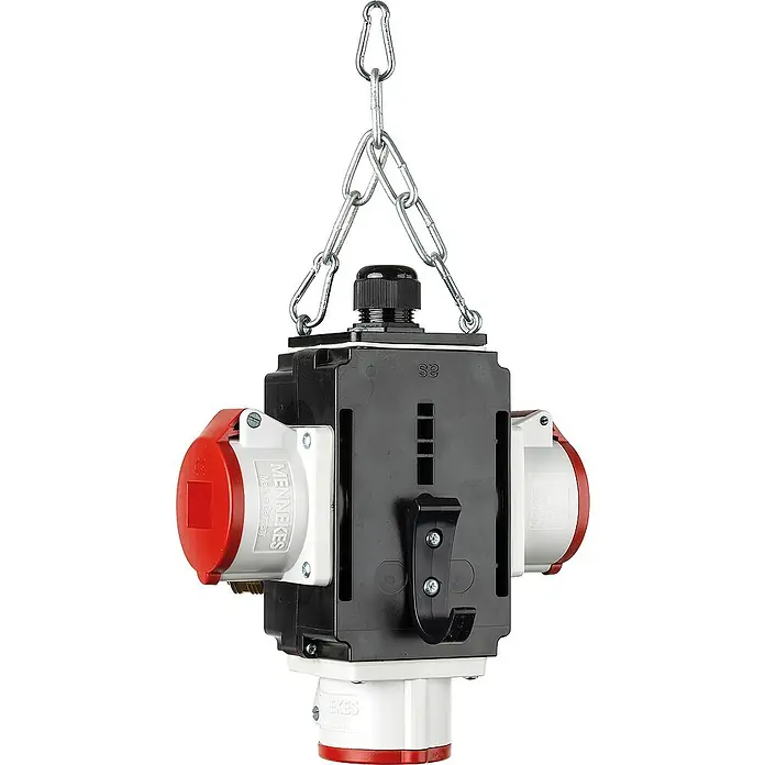 as-schwabe Steckdosenball - 3-fach, Schwarz, IP44 - Einhängbare CEE-Verteilerbox von Mennekes mit drei Steckdosen, ideal für den flexiblen Einsatz auf Baustellen.