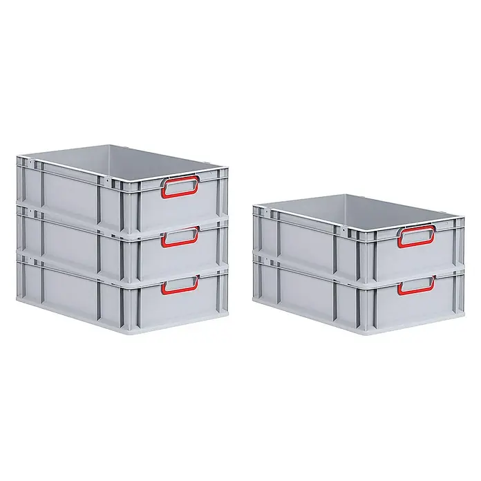 Proregal Eurobox Eurobox NextGen Color - Kunststoff, Grau, Rot - Bild von grauen Eurobehältern mit roten Griffen, einmal drei übereinander gestapelt und einmal zwei, zur Lagerung und für den Transport von Waren.