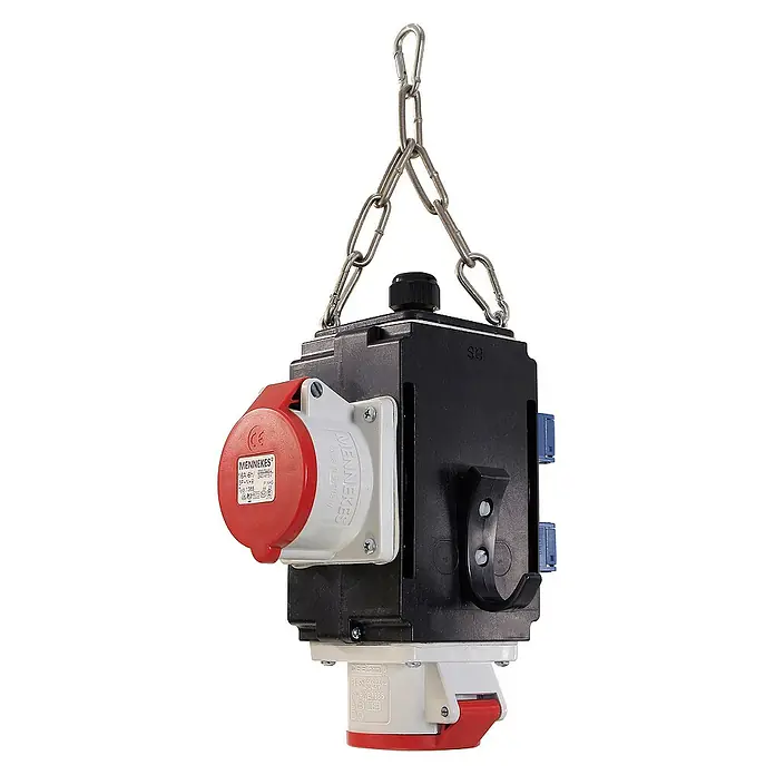 as-schwabe Steckdosenball - 4-fach, Schwarz, IP44 - Aufgehängte Mennekes-Steckdosenkombination mit rotem und weißem Steckergehäuse an einer Kette, ideal für Baustellen und Werkstätten.
