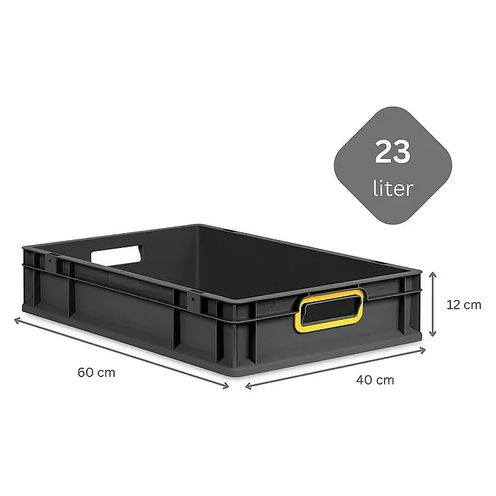 Proregal Eurobox Eurobox NextGen Color - L x B x H: 60 x 40 x 12 cm, Kunststoff, Schwarz, Gelb - Abgebildet ist ein grauer Lagerbehälter aus Kunststoff mit gelben Griffen, der ein Volumen von 23 Litern hat und 60 x 40 x 12 cm misst.