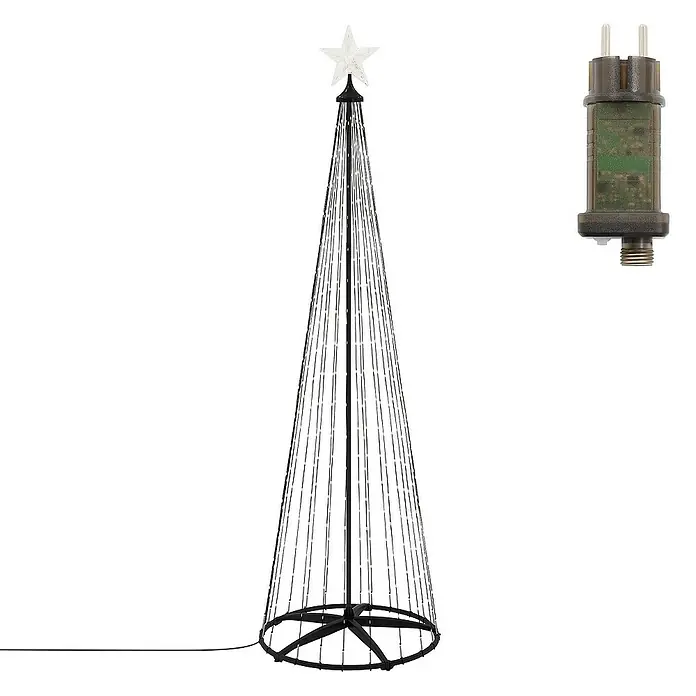 ECD Germany Künstlicher Weihnachtsbaum Außen, Höhe 210 cm, 370 LED Warmweiß, Timer, Schwarz - Schwarz, LED-Beleuchtung - Ein schlanker, konusförmiger Weihnachtsbaum mit einem leuchtenden Stern und einer Lichterkette. Er enthält auch einen Netzstecker für den Betrieb.