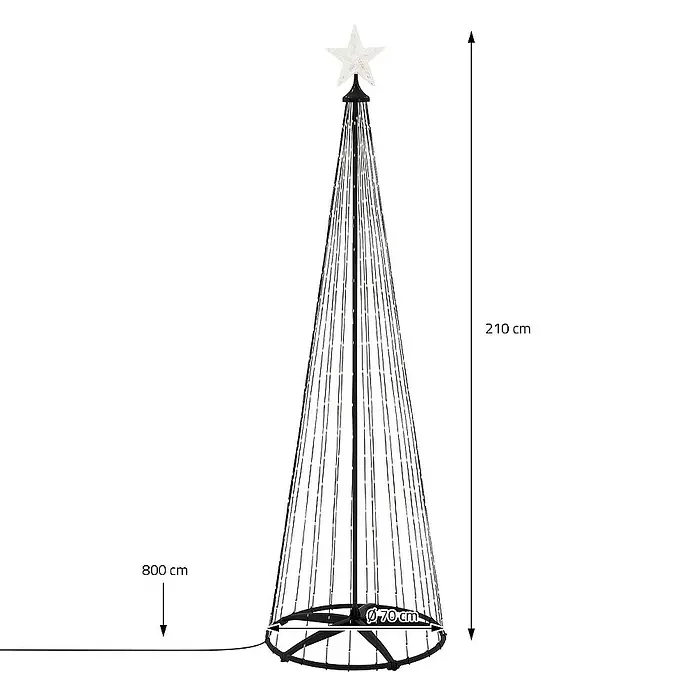 ECD Germany Künstlicher Weihnachtsbaum Außen, Höhe 210 cm, 370 LED Warmweiß, Timer, Schwarz - Schwarz, LED-Beleuchtung - Abbildung eines festlichen LED-Deko-Weihnachtsbaums mit Sternspitze und Maßangaben.