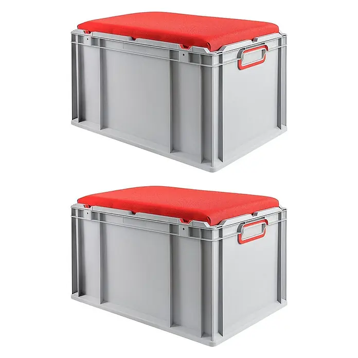 Proregal Eurobox Eurobox NextGen Seat Box Rot - L x B x H: 60 x 40 x 36,5 cm, Kunststoff, Grau, Rot - Zwei graue Aufbewahrungsboxen mit roten Sitzkissen oben drauf, ideal für eine platzsparende Aufbewahrung mit Sitzgelegenheit.
