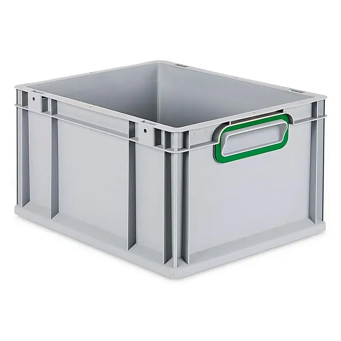 Proregal Eurobox Eurobox NextGen Color - L x B x H: 40 x 30 x 22 cm, Kunststoff, Grau, Grün - Eine graue Lagerbox aus Kunststoff mit grünen Griffen. Die Box ist leer und robust.