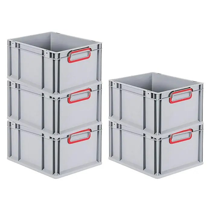 Proregal Eurobox Eurobox NextGen Color - L x B x H: 40 x 30 x 22 cm, Kunststoff, Grau, Rot - Stapelbare, graue Eurobehälter mit roten Griffen, ideal für Lagerung und Transport. Eine praktische Lösung für Ordnung und Effizienz.