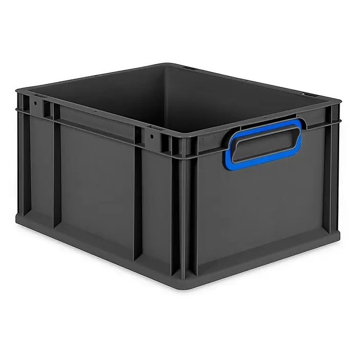 Proregal Eurobox Eurobox NextGen Color - L x B x H: 40 x 30 x 22 cm, Kunststoff, Schwarz, Blau - Ein grauer Kunststoffbehälter mit blauen Griffen. Der robuste Behälter ist ideal für Lagerung und Transport verschiedener Güter.