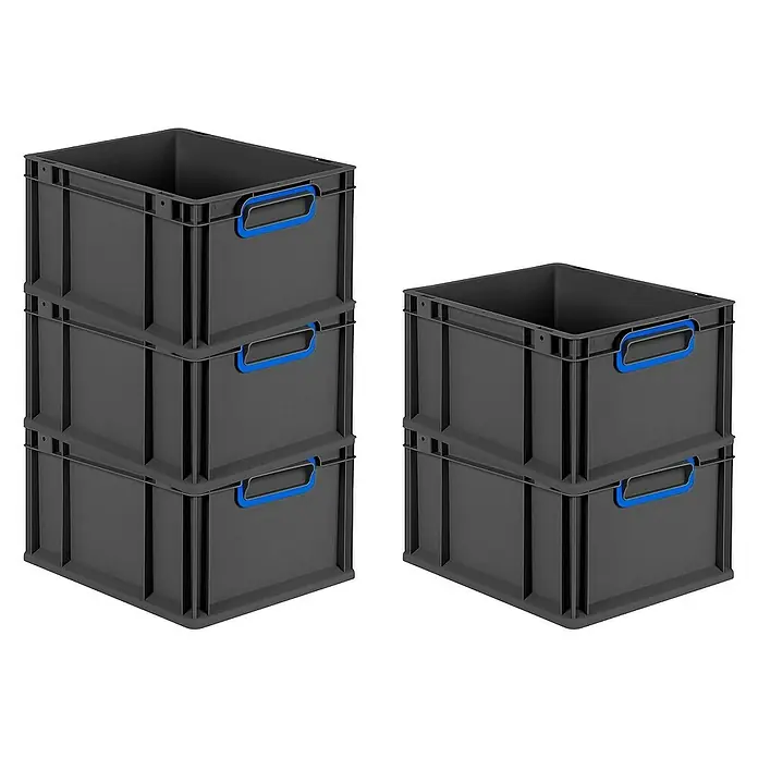 Proregal Eurobox Eurobox NextGen Color - L x B x H: 40 x 30 x 22 cm, Kunststoff, Schwarz, Blau - Stapel grauer Kunststoffboxen mit blauen Griffen, ideal für Lagerung und Organisation.