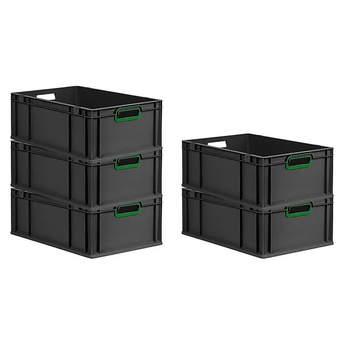 Proregal Eurobox Eurobox NextGen Color - L x B x H: 60 x 40 x 22 cm, Kunststoff, Schwarz, Grün - Das Bild zeigt zwei Stapel grauer Kunststoffbehälter mit grünen Griffen, die sich ideal für Lagerung und Organisation eignen.