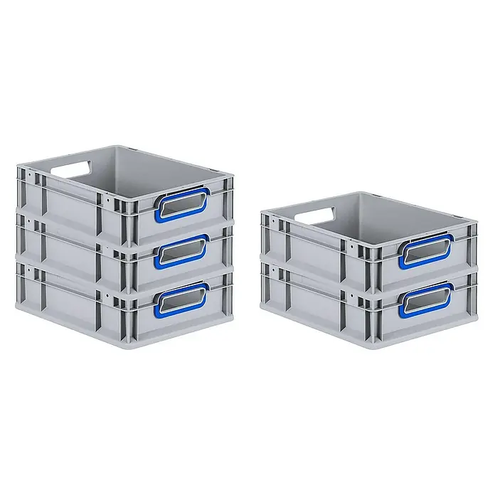 Proregal Eurobox Eurobox NextGen Color - L x B x H: 40 x 30 x 12 cm, Kunststoff, Grau, Blau - Graue Kunststoffboxen mit blauen Griffen, einmal drei gestapelt, einmal zwei. Praktische Lagerlösung für Ordnung und Übersicht.