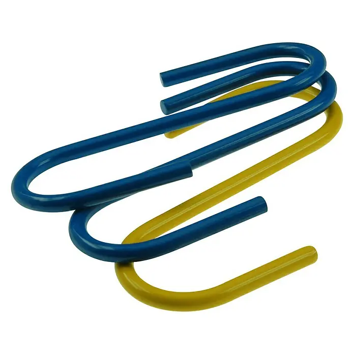 S-Haken - Ø x L: 3,8 x 35 mm, 4 Stk., Kunststoffbeschichtet - Nahaufnahme von S-Haken in Blau und Gelb, die sich überlappen und ein modernes Design für Aufhängelösungen zeigen.