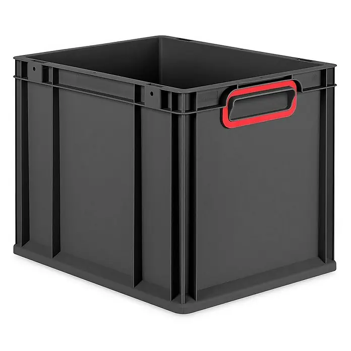 Proregal Eurobox Eurobox NextGen Color - Kunststoff, Schwarz, Rot - Abgebildete ist eine graue, industrielle Lagerbox mit einem roten Griff, die robust und stapelbar ist. Ideal für Lagerung und Ordnung.