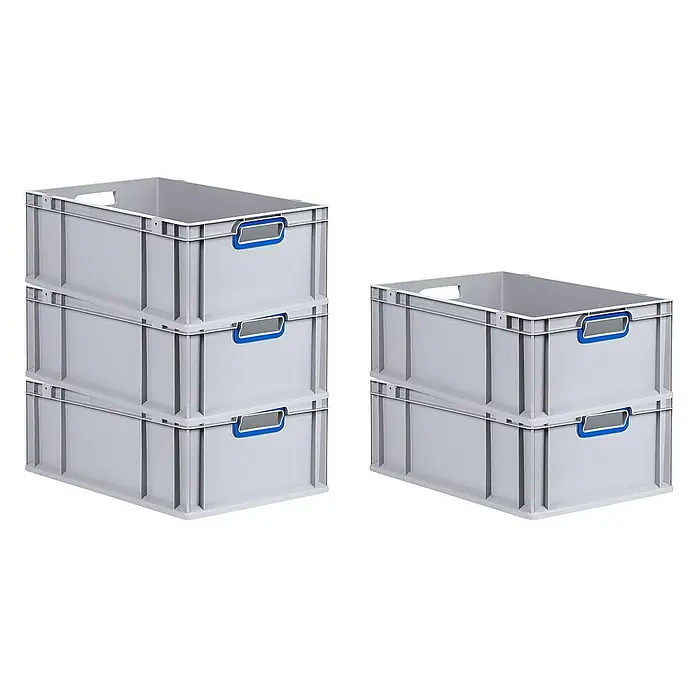 Proregal Eurobox Eurobox NextGen Color - L x B x H: 60 x 40 x 22 cm, Kunststoff, Grau, Blau - Bild von zwei Stapeln grauer Kunststoffkisten, die zur Aufbewahrung oder zum Transport verwendet werden können.