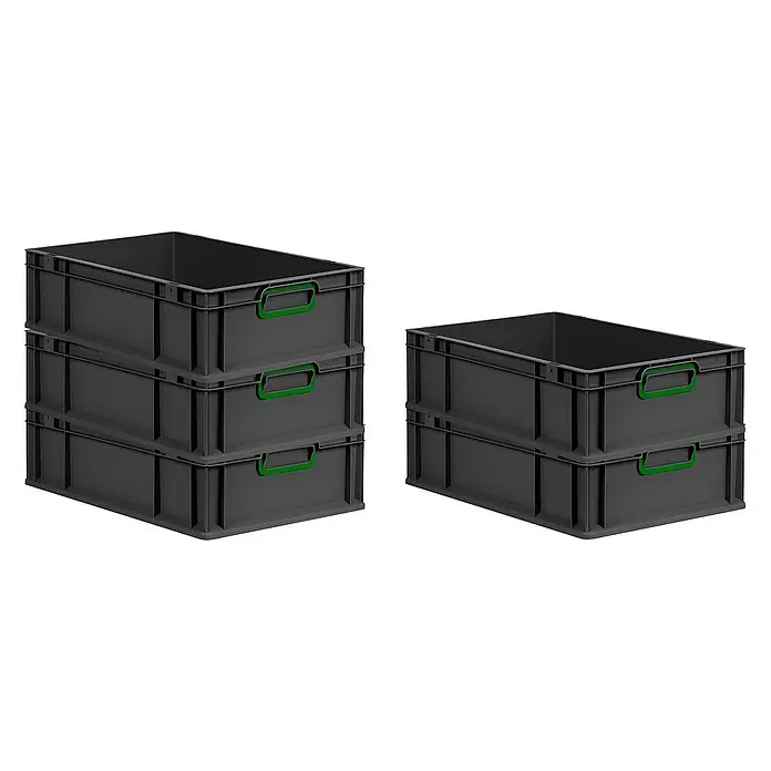 Proregal Eurobox Eurobox NextGen Color - L x B x H: 60 x 40 x 17 cm, Kunststoff, Schwarz, Grün - Drei graue Kunststoffboxen mit grünen Griffen übereinander gestapelt, daneben zwei Boxen. Lagerboxen für Ordnung und Organisation.