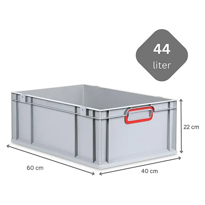 Proregal Eurobox Eurobox NextGen Color - Kunststoff, Grau, Rot - Graue 44-Liter-Kunststoffbox mit roten Griffen und den Maßen 60 cm x 40 cm x 22 cm für Lagerung.