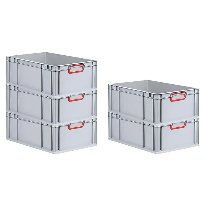 Proregal Eurobox Eurobox NextGen Color - Kunststoff, Grau, Rot - Gestapelte graue Lagerboxen mit roten Griffen. Ideal für Organisation und Lagerung. Robuste, stapelbare Kunststoffbehälter für vielfältige Anwendungen.